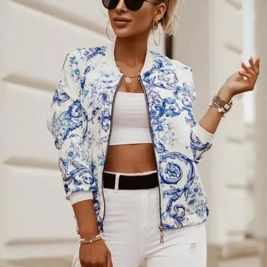 Stunning flower print bomber jacket by Stevvex, white with blue florals, zip front on Tampa Home & Garden Store