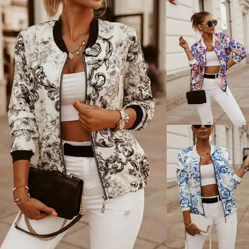 Stunning Flower Print Bomber Jacket by Stevvex, white floral with black trim, three colors on Tampa Home & Garden Store