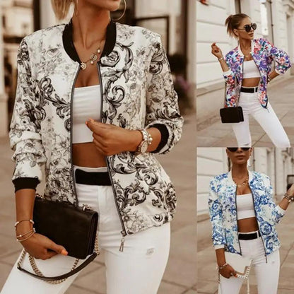 Stunning Flower Print Bomber Jacket by Stevvex, white floral with black trim, three colors on Tampa Home & Garden Store