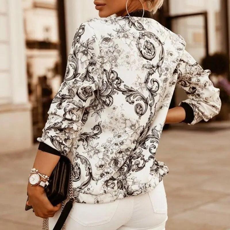 Stevvex hooded flower print bomber jacket white with black ornate floral pattern long sleeves on Tampa Home & Garden Store