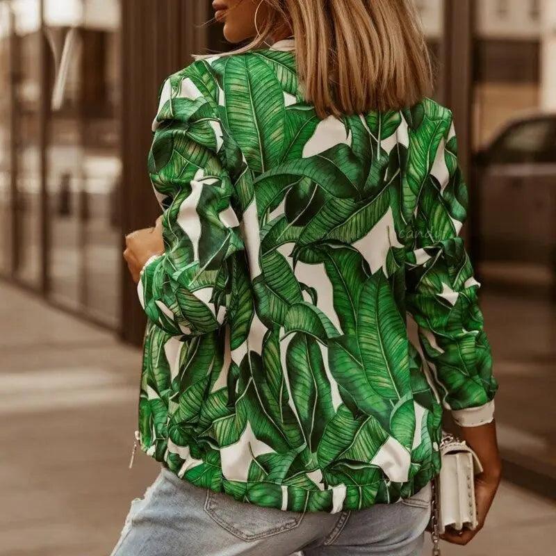 Stunning flower print bomber jacket in green leaf design, long sleeves, zip-up outerwear on Tampa Home & Garden Store