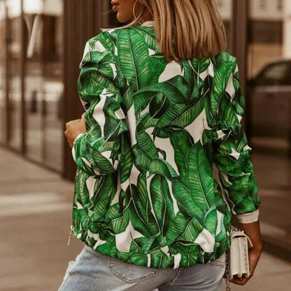 Stunning flower print bomber jacket in green leaf design, long sleeves, zip-up outerwear on Tampa Home & Garden Store
