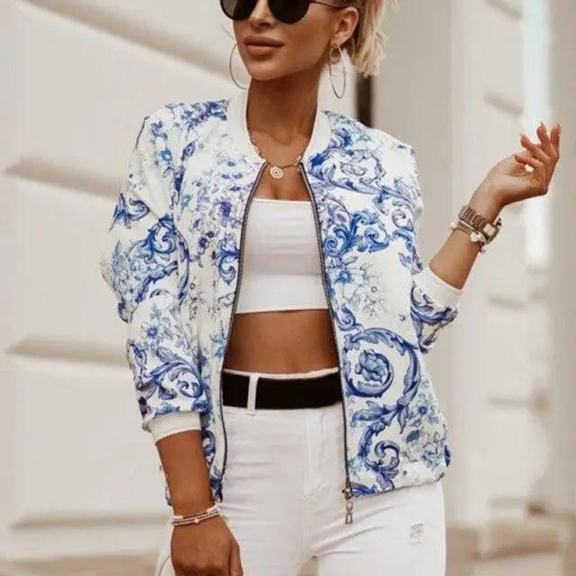 Stunning flower print bomber jacket blue and white with zip front Stevvex outerwear on Tampa Home & Garden Store