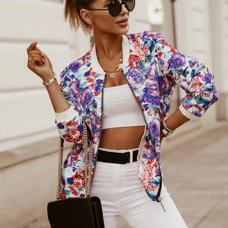 Stunning flower print bomber jacket by Stevvex with zip front and sleeves, floral pattern on Tampa Home & Garden Store