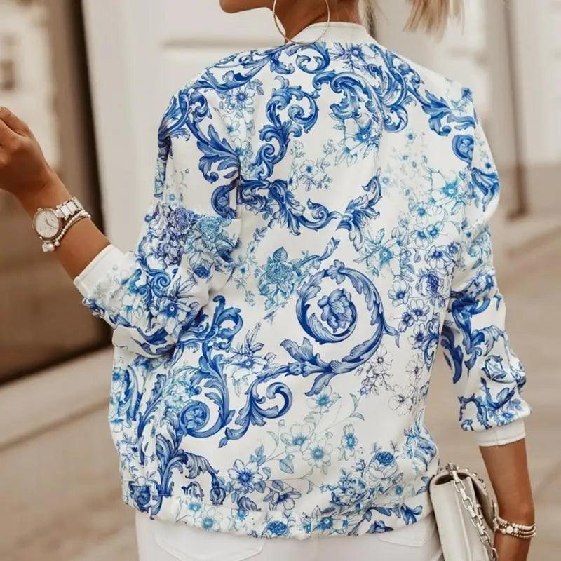 Stevvex floral print bomber jacket blue-white pattern with long sleeves on Tampa Home & Garden Store