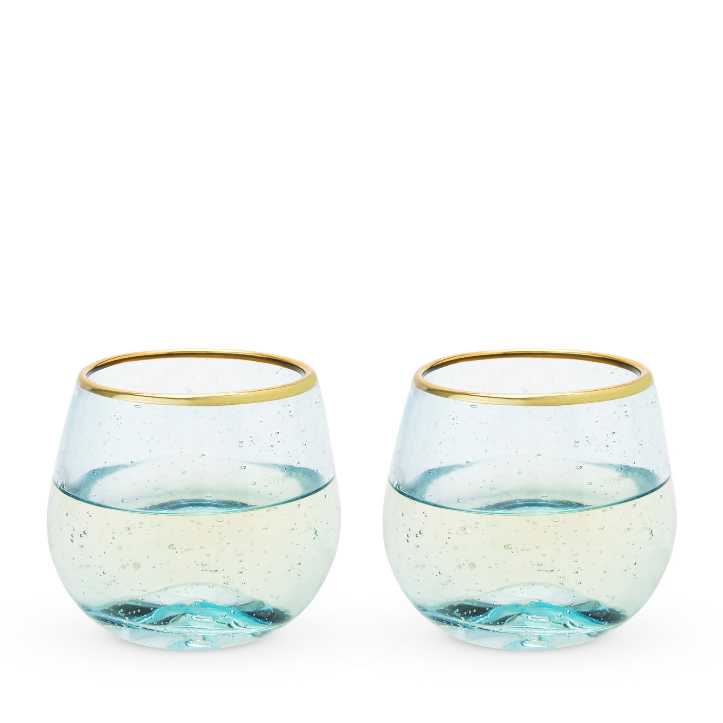 Aqua Bubble Stemless Wine Glasses and Gold Rim