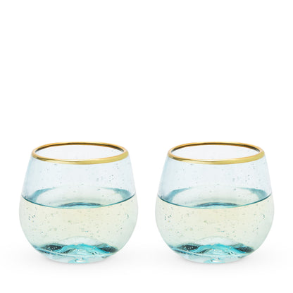 Aqua Bubble Stemless Wine Glasses and Gold Rim