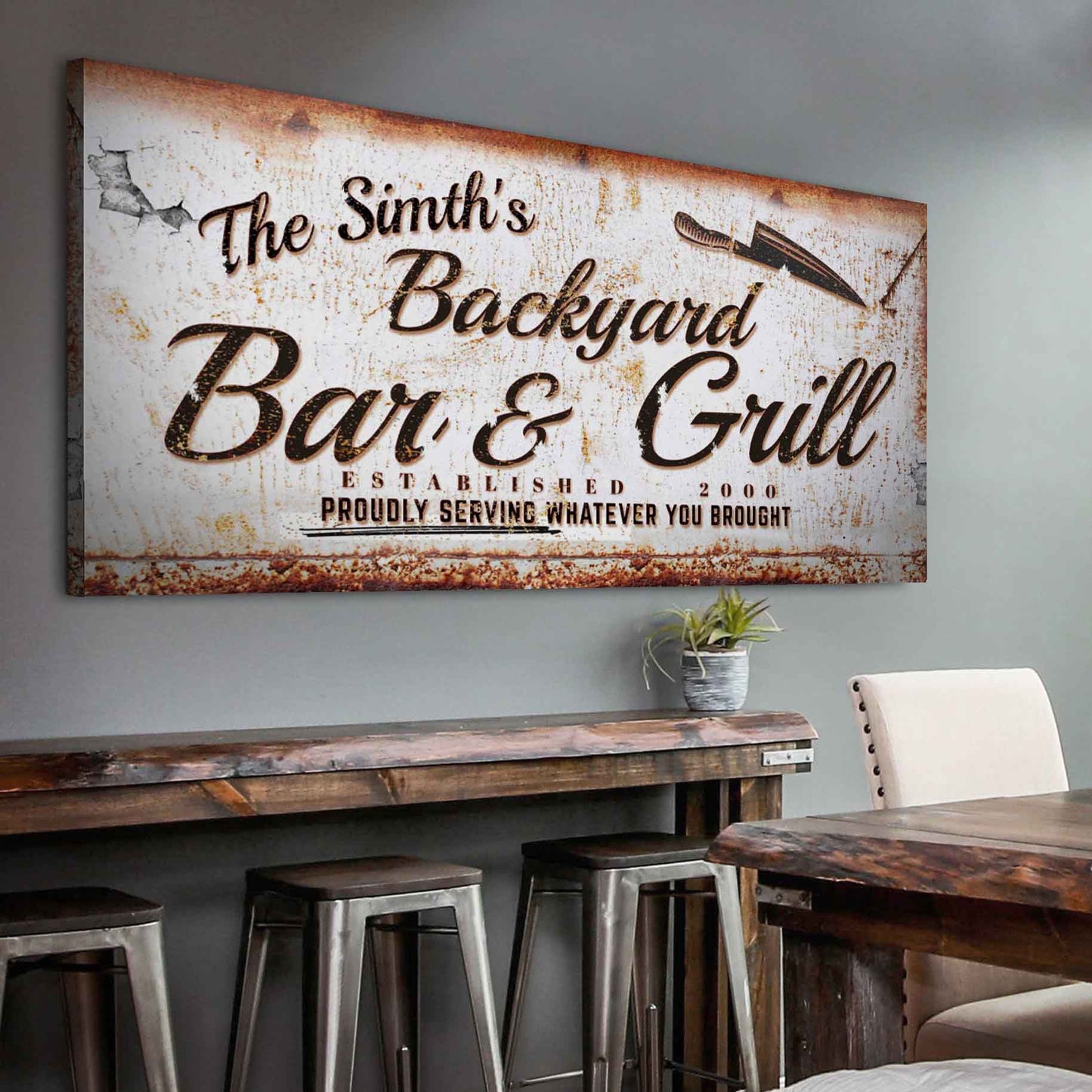 Backyard Bar & Grill Sign II canvas with distressed white rust finish by Tailored Canvases on Tampa Home & Garden Store