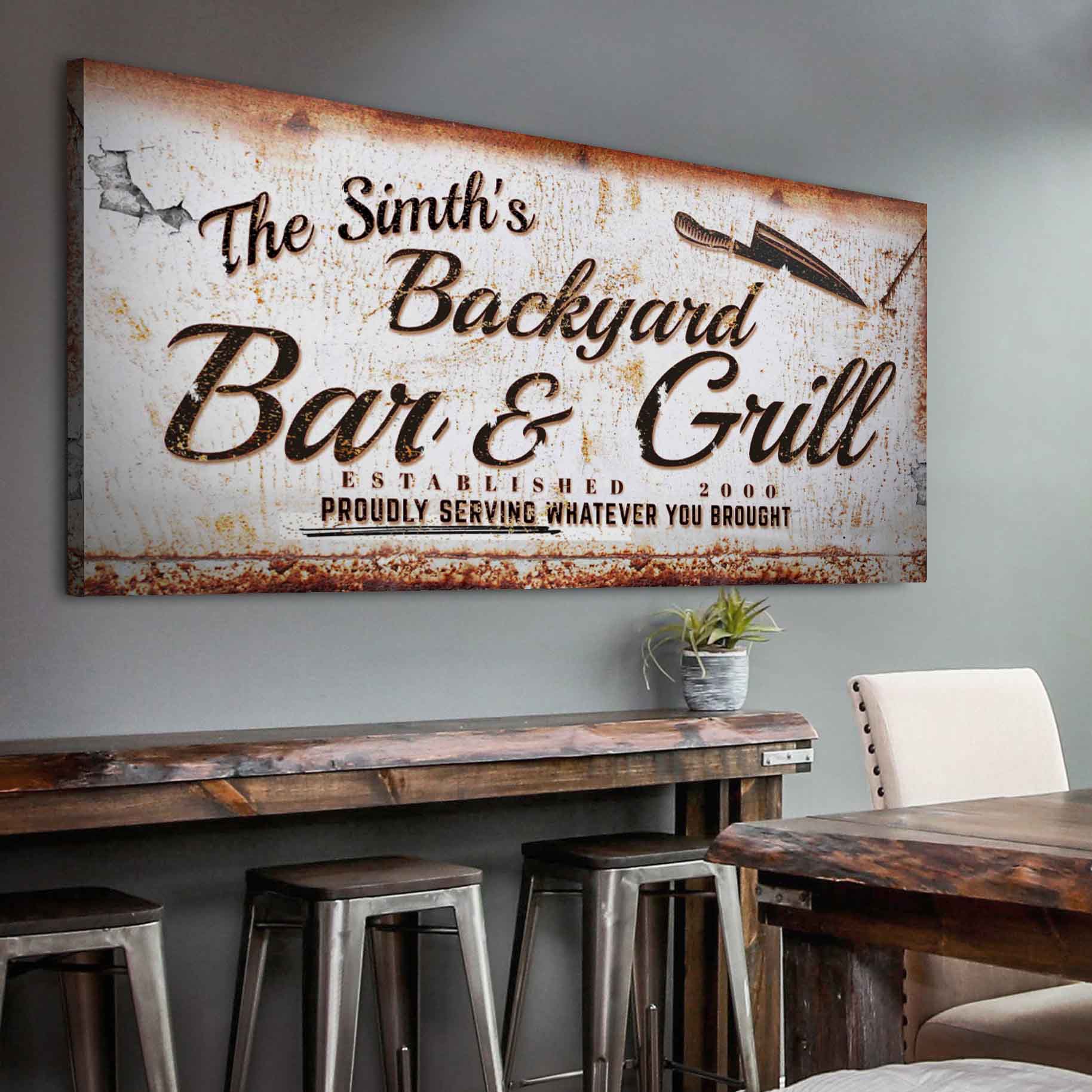 Backyard Bar & Grill Sign II canvas with distressed white rust finish by Tailored Canvases on Tampa Home & Garden Store