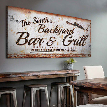 Backyard Bar & Grill Sign II canvas with distressed white rust finish by Tailored Canvases on Tampa Home & Garden Store