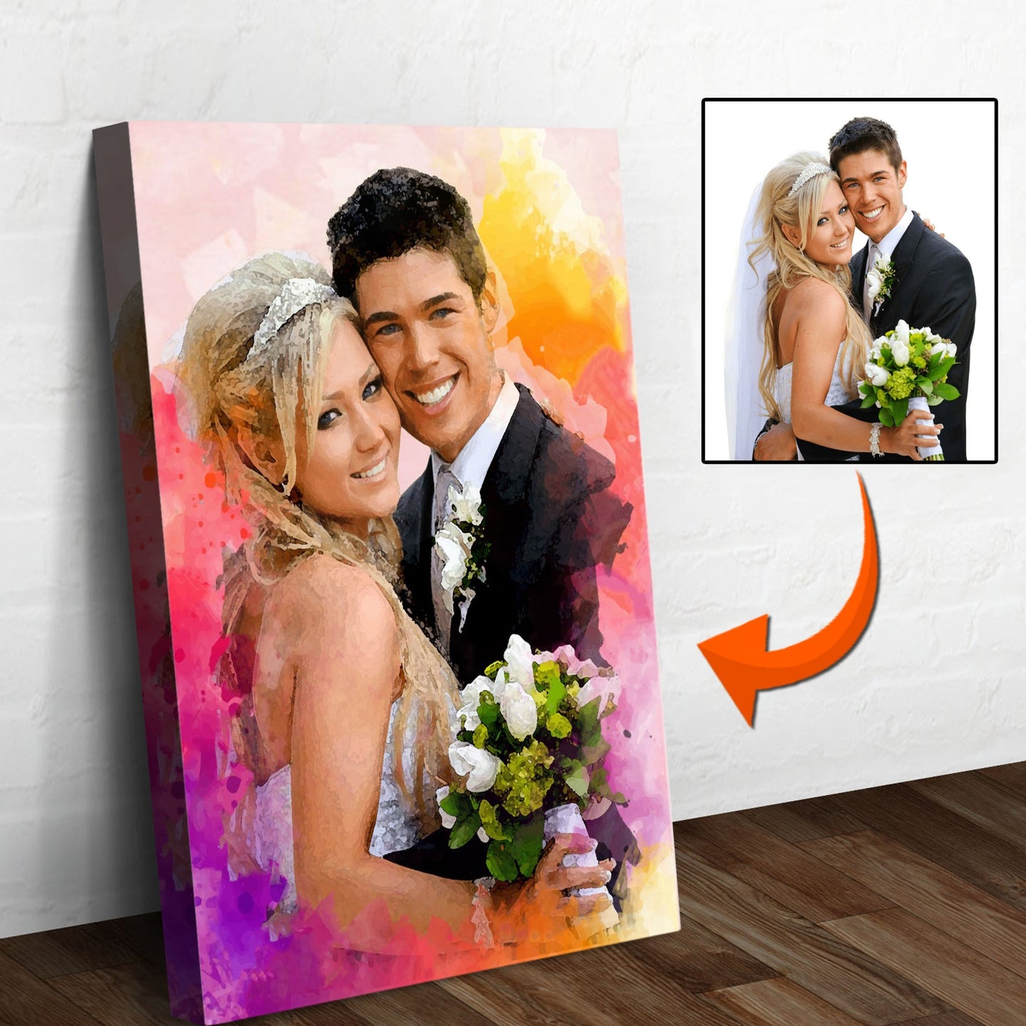 Couple Watercolor Sign II canvas with pink backdrop and wedding photo Tailored Canvases on Tampa Home & Garden Store