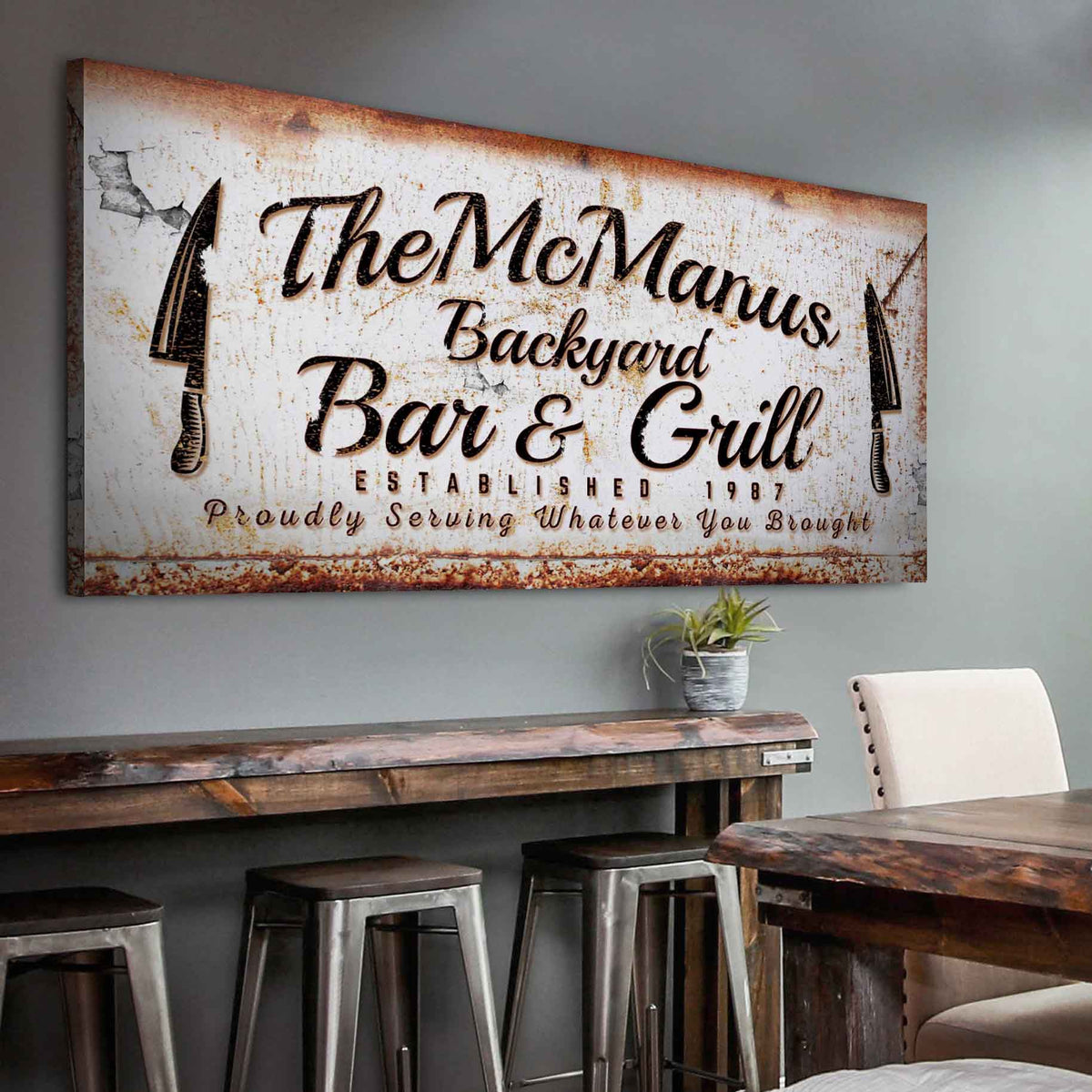 Backyard Bar & Grill Sign II canvas by Tailored Canvases, rustic white with brown edges on Tampa Home & Garden Store