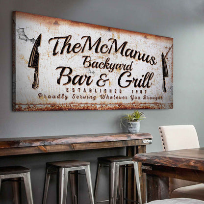 Backyard Bar & Grill Sign II canvas by Tailored Canvases, rustic white with brown edges on Tampa Home & Garden Store