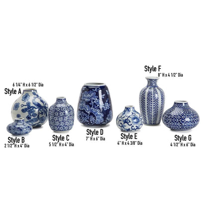 Vases Samira blue porcelain collection by Gia Roma with styles A–G in blue-white patterns for decor on Tampa Home & Garden Store