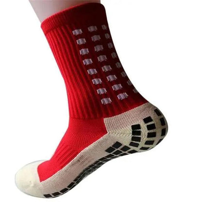 Stevvex red athletic anti-slip soccer sock with white grip pattern, breathable cotton on Tampa Home & Garden Store