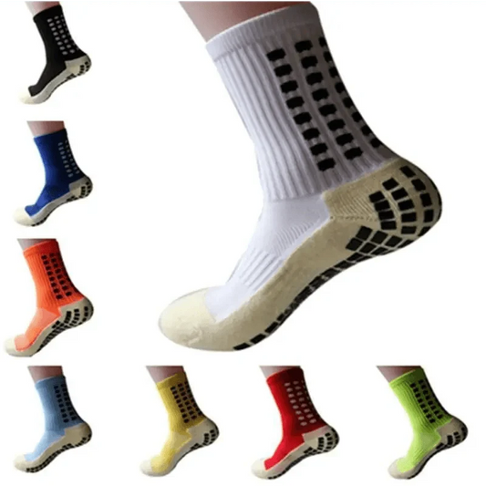 Stevvex athletic anti-slip soccer socks with grip pads; white sock with black grid pattern on Tampa Home & Garden Store