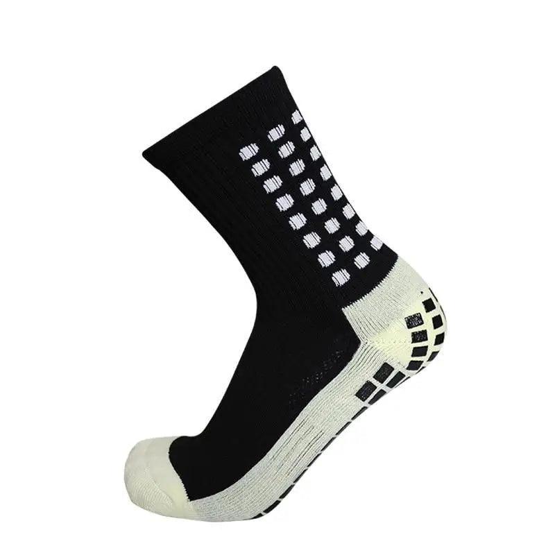 Stevvex athletic anti-slip soccer sock, black with white dotted upper and gray sole grip on Tampa Home & Garden Store
