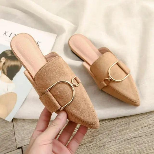 Tan suede pointed-toe sandals with gold ring buckle set of 2 on Tampa Home & Garden Store