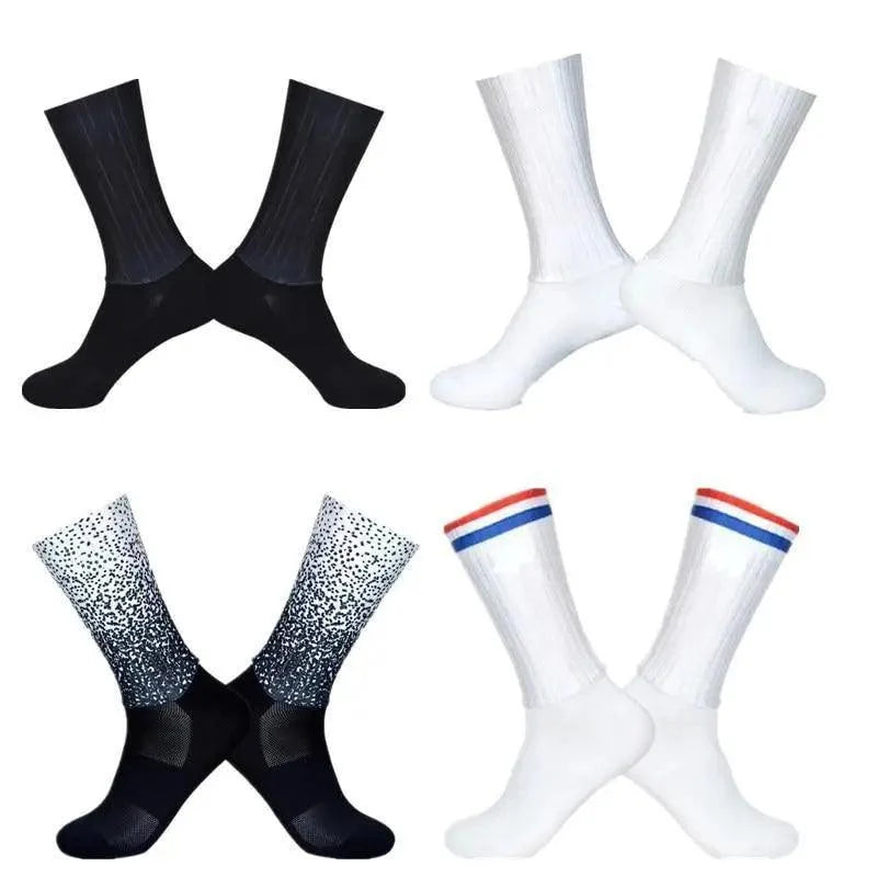 Stylish cycling socks for men anti-slip seamless four pairs in black white speckled striped tops on Tampa Home & Garden Store
