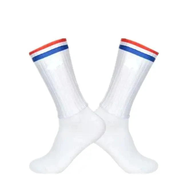 Stevvex white athletic socks, 2 shown, red and blue cuff stripes for cycling on Tampa Home & Garden Store