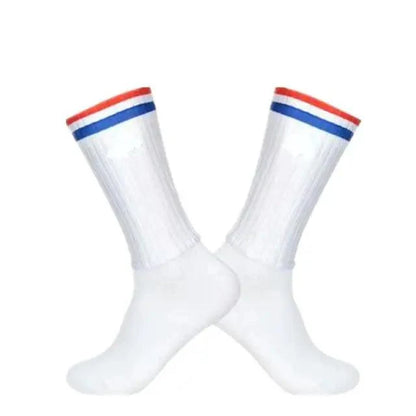Stevvex white athletic socks, 2 shown, red and blue cuff stripes for cycling on Tampa Home & Garden Store