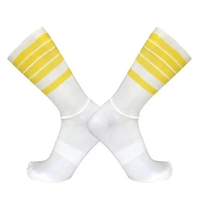 Stevvex men's athletic cycling socks, breathable white pair with yellow stripes, anti-slip on Tampa Home & Garden Store