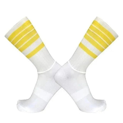 Stevvex men's athletic cycling socks, breathable white pair with yellow stripes, anti-slip on Tampa Home & Garden Store