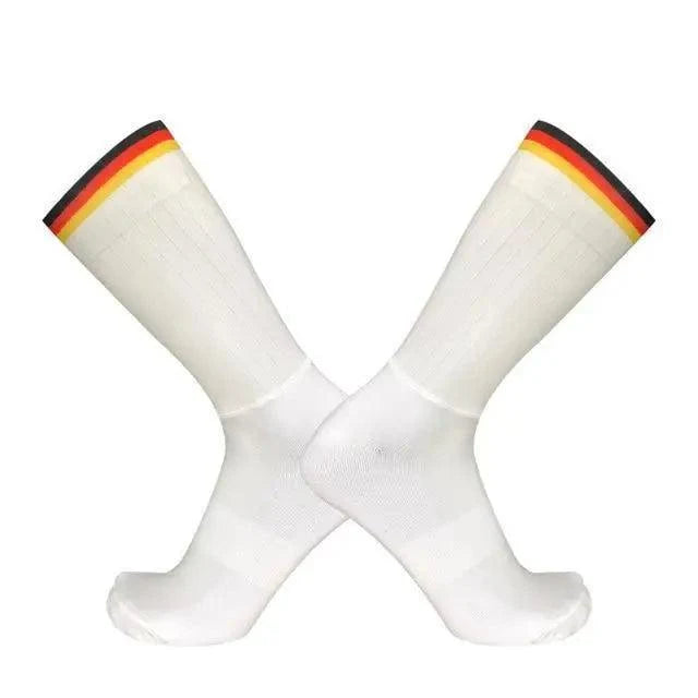 Stevvex white athletic cycling socks pair with flag cuff stripes, anti-slip seamless design on Tampa Home & Garden Store