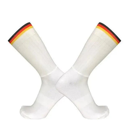 Stevvex white athletic cycling socks pair with flag cuff stripes, anti-slip seamless design on Tampa Home & Garden Store