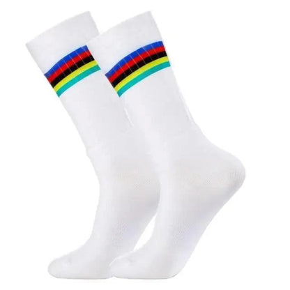 Stevvex athletic socks white with rainbow cuff stripes, breathable cycling sock on Tampa Home & Garden Store
