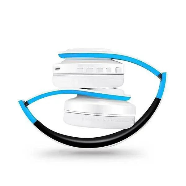 Stevvex over-ear wireless Bluetooth headphones white earcups with blue foldable headband on Tampa Home & Garden Store