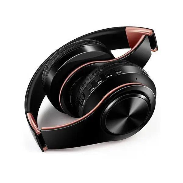 Over-ear wireless Bluetooth headphones with foldable headband, black with copper trim on Tampa Home & Garden Store