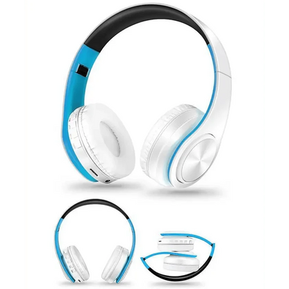 Stevvex over-ear wireless Bluetooth headphones in white with blue trim, foldable on Tampa Home & Garden Store