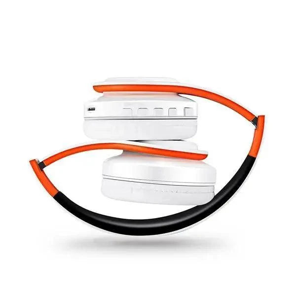 Stevvex over-ear wireless Bluetooth headset white with orange accents foldable on Tampa Home & Garden Store
