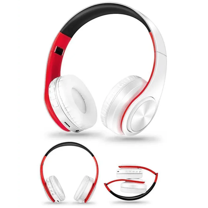 Stevvex over-ear wireless Bluetooth stereo headset, white with red accents, foldable on Tampa Home & Garden Store