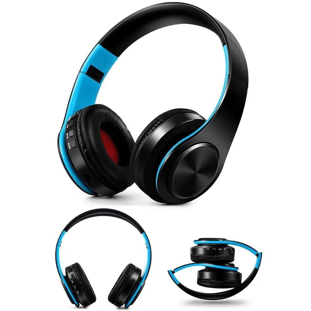 Stevvex over-ear wireless Bluetooth headphones black with blue accents foldable on Tampa Home & Garden Store