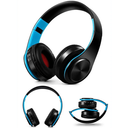 Stevvex over-ear wireless Bluetooth headphones black with blue accents foldable on Tampa Home & Garden Store