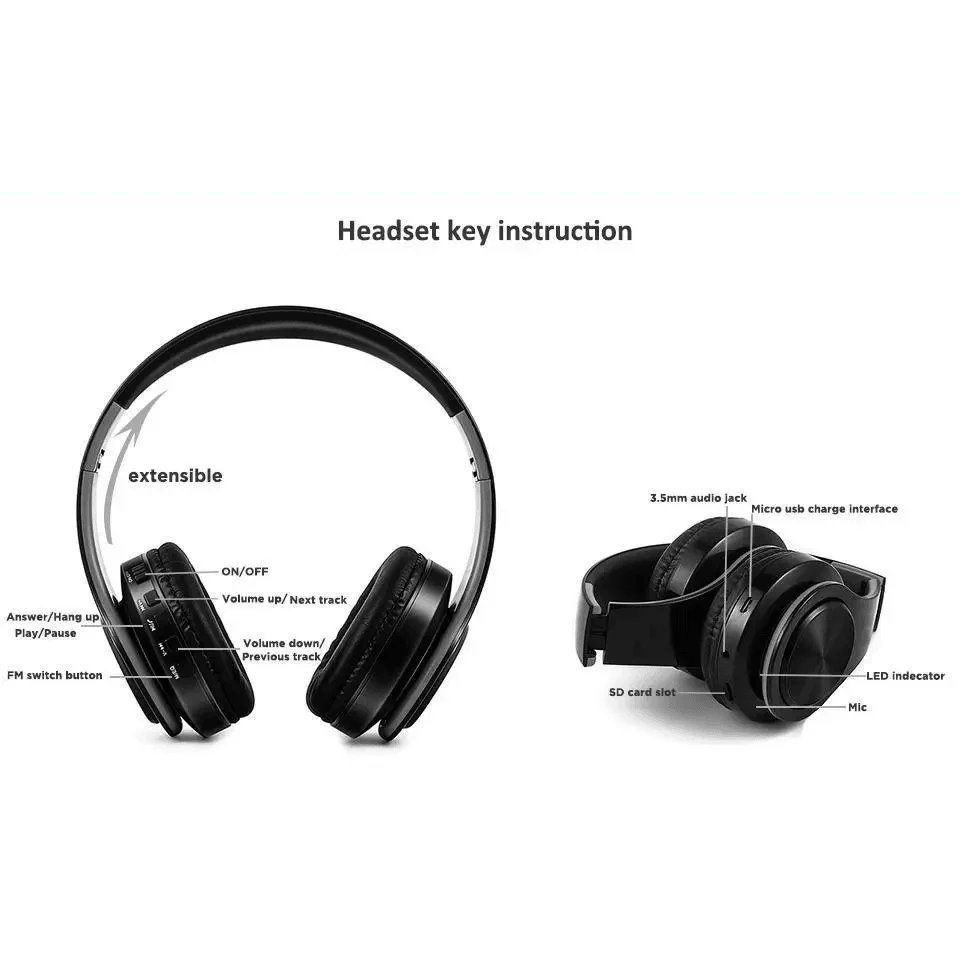 Stevvex black over-ear wireless headset, foldable with extensible band; 3.5mm jack, SD card slot on Tampa Home & Garden Store