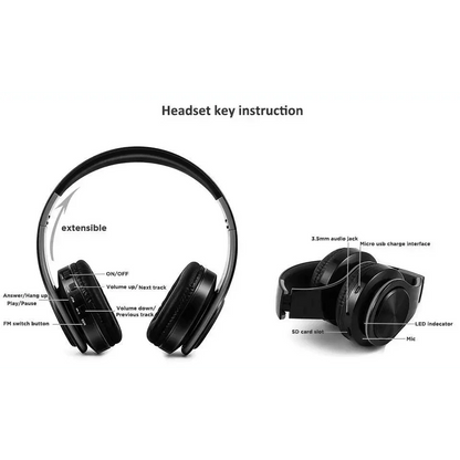 Stevvex black over-ear wireless headset, foldable with extensible band; 3.5mm jack, SD card slot on Tampa Home & Garden Store