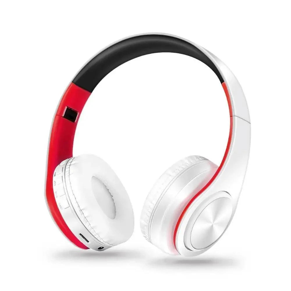 Stevvex over-ear wireless Bluetooth headphones with white body and red accents on Tampa Home & Garden Store
