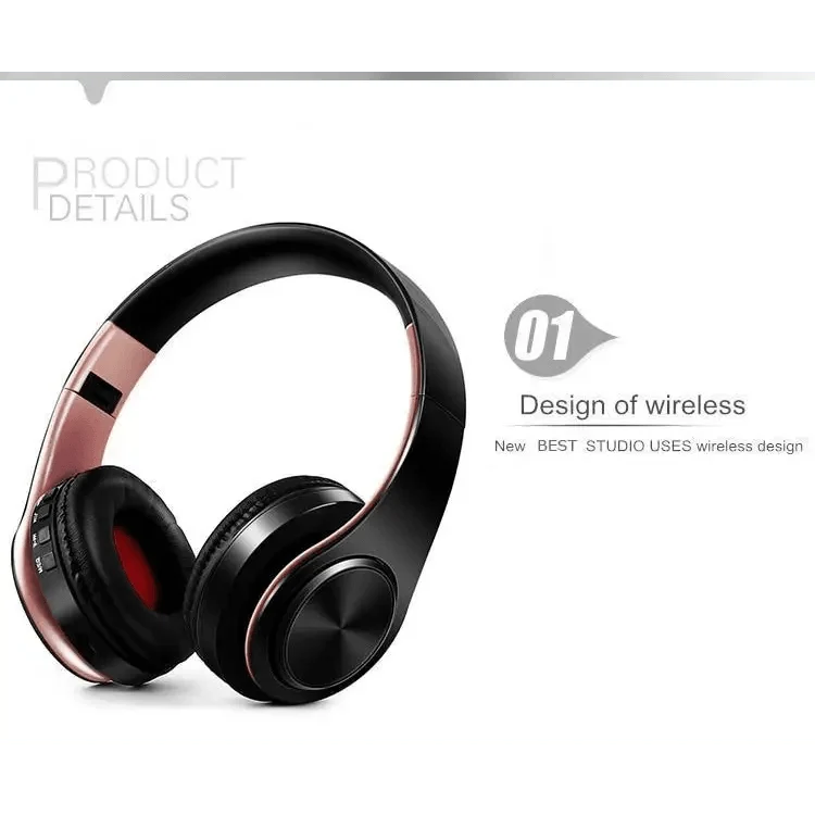 Stevvex wireless Bluetooth over-ear headphones, foldable black with rose gold accents on Tampa Home & Garden Store
