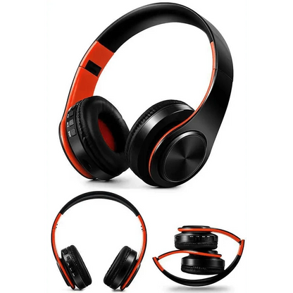Stevvex over-ear wireless Bluetooth headphones in black with orange accents, foldable on Tampa Home & Garden Store