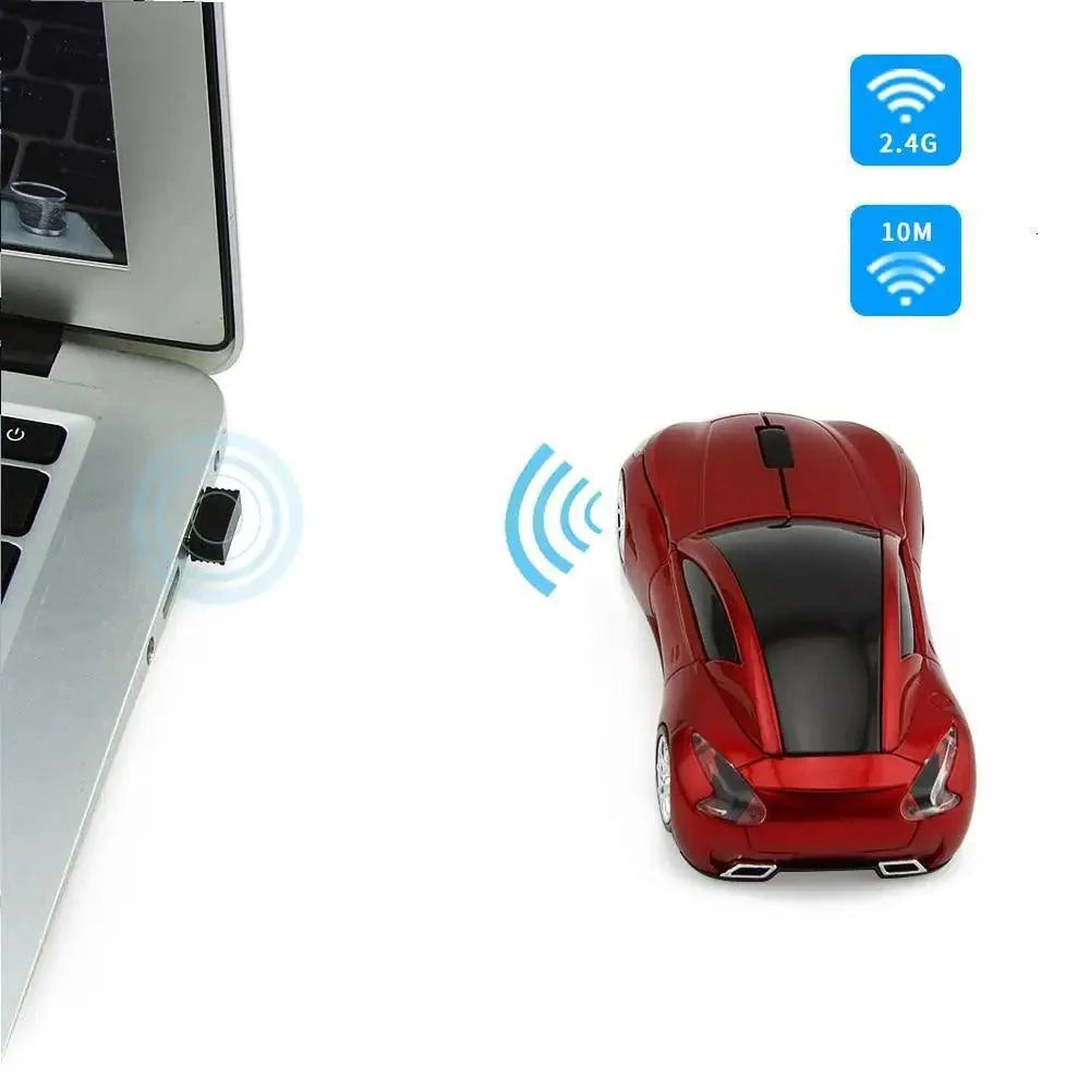 Car-shaped wireless computer mouse Stevvex, red, USB receiver beside laptop on Tampa Home & Garden Store