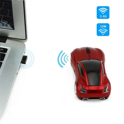 Car-shaped wireless computer mouse Stevvex, red, USB receiver beside laptop on Tampa Home & Garden Store
