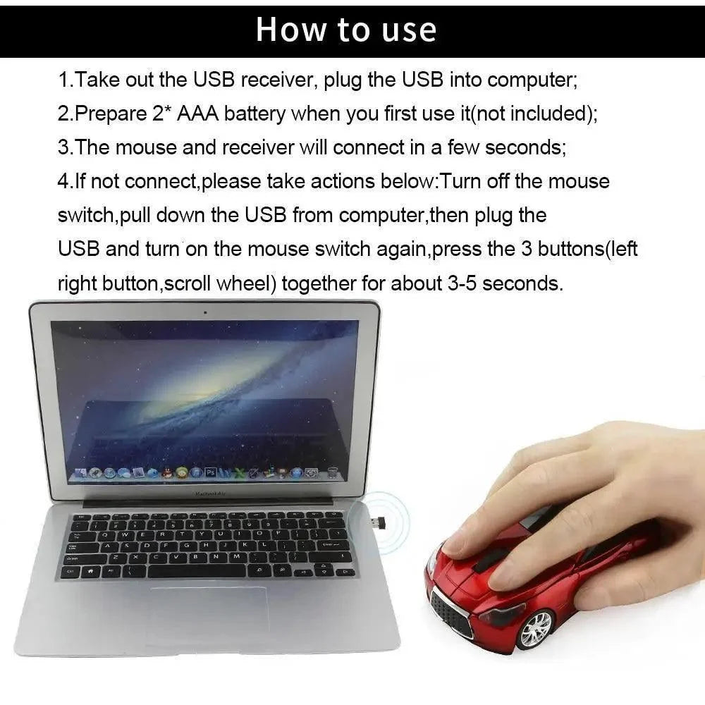 1x red Stevvex car-shaped wireless mouse with 1600 DPI USB receiver beside a laptop on Tampa Home & Garden Store