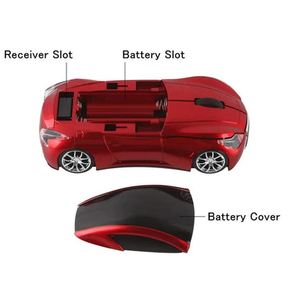 Stevvex car-shaped wireless mouse, red glossy finish, 1600 DPI USB receiver on Tampa Home & Garden Store