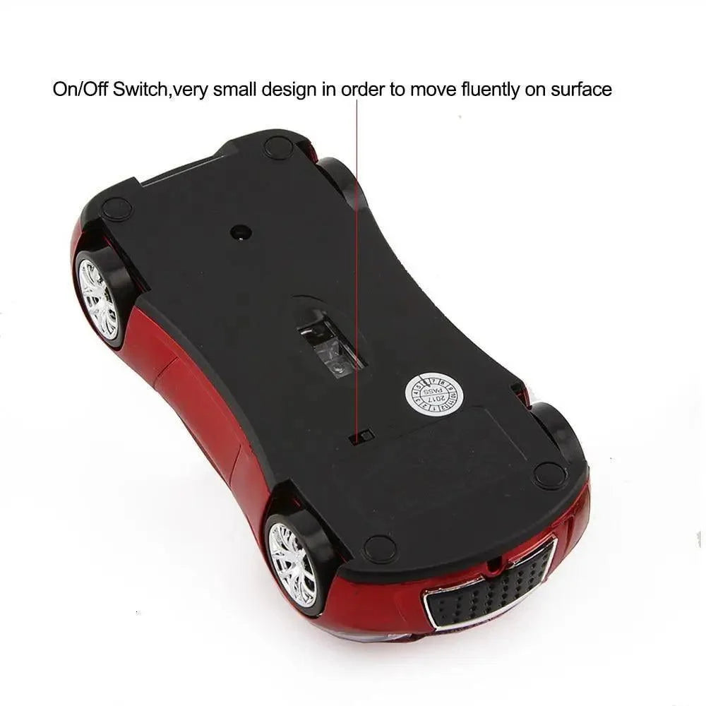 Car-shaped wireless mouse, red and black, underside view with wheels and USB receiver slot on Tampa Home & Garden Store