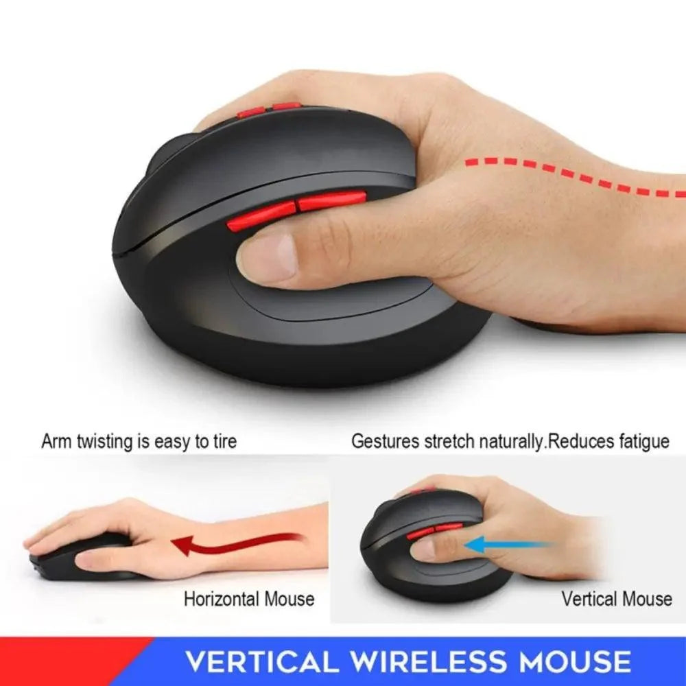 Stevvex vertical ergonomic wireless gaming mouse, black/gray finish with red side buttons, rechargeable USB on Tampa Home & Garden Store
