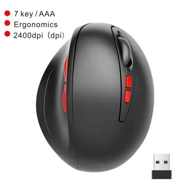 Wireless vertical ergonomic gaming mouse, black with red side buttons and USB dongle, 2400dpi on Tampa Home & Garden Store