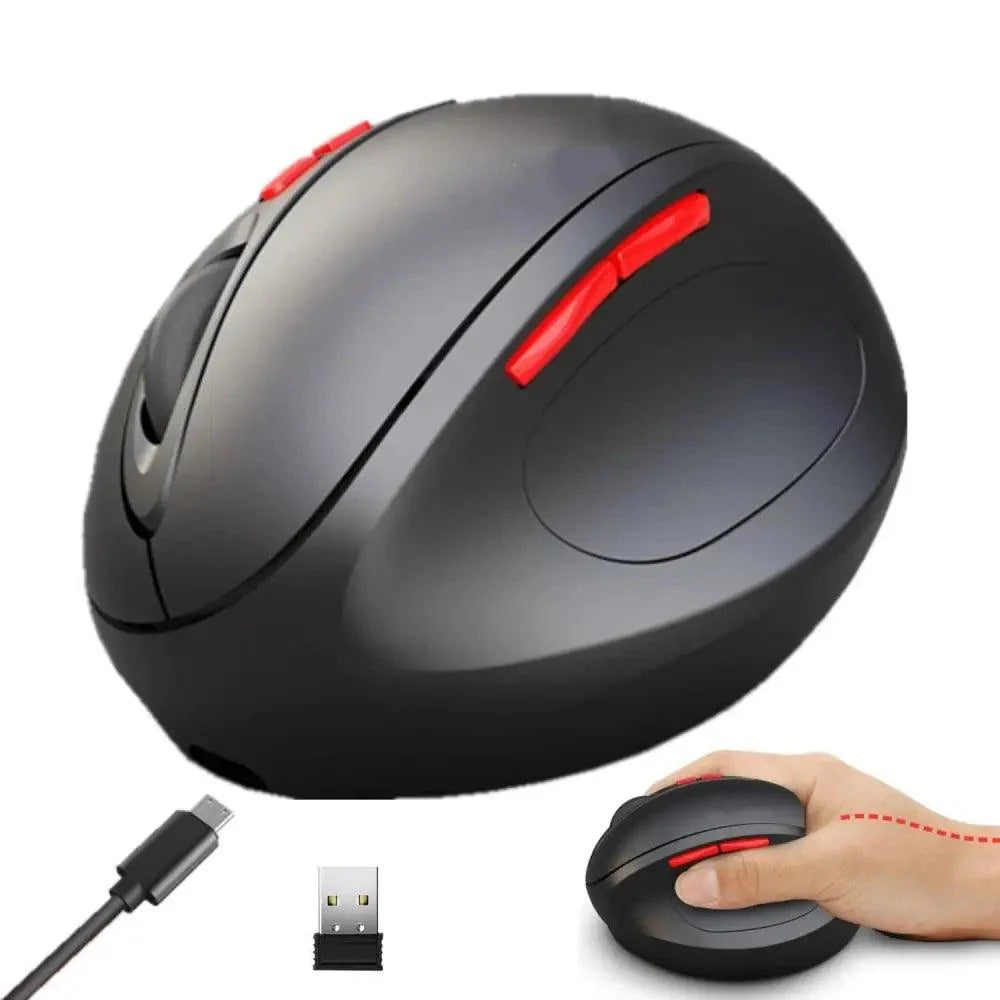 Stevvex wireless vertical ergonomic gaming mouse with red side buttons, USB dongle included on Tampa Home & Garden Store